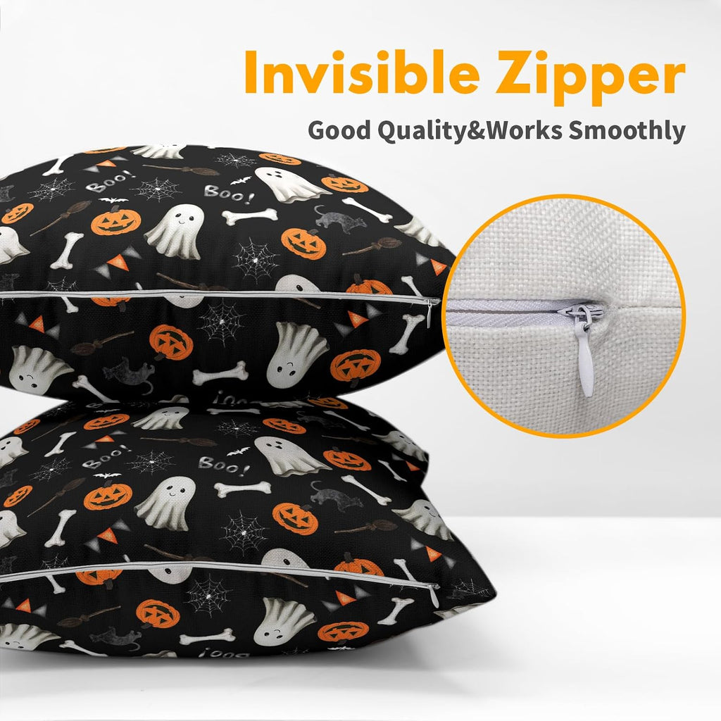 Halloween Throw Pillow Covers 20X20 Inch 2 Packs Boo Cute Ghost Orange Pumpkins Bat Web Decorative Black Pillow Cases Holiday Cotton…