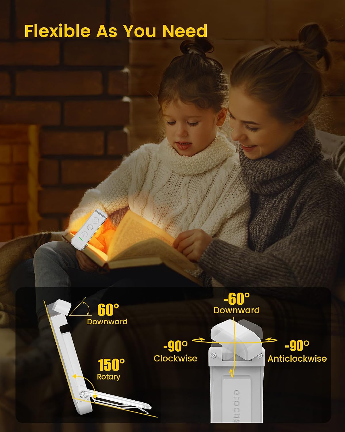 Glocusent USB Rechargeable Book Light for Reading in Bed, Portable Clip-on LED Reading Light, 3 Amber Colors & 5 Brightness Dimmable…