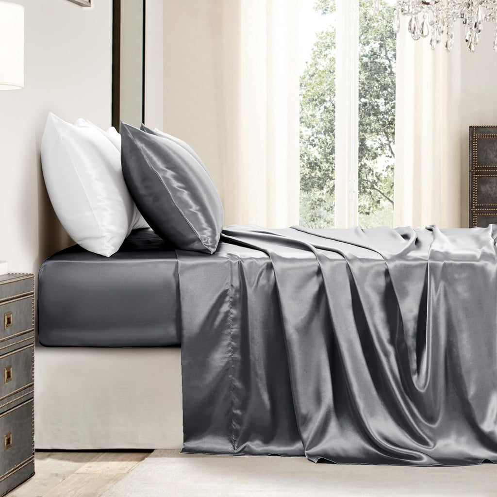 Golal Satin Sheets King Size - 4 Pieces Luxury Silky Soft Bed Sheets, Wrinkle-Free Dark Grey Satin Silk Sheet Set with 1 Deep Pocket Fitted…