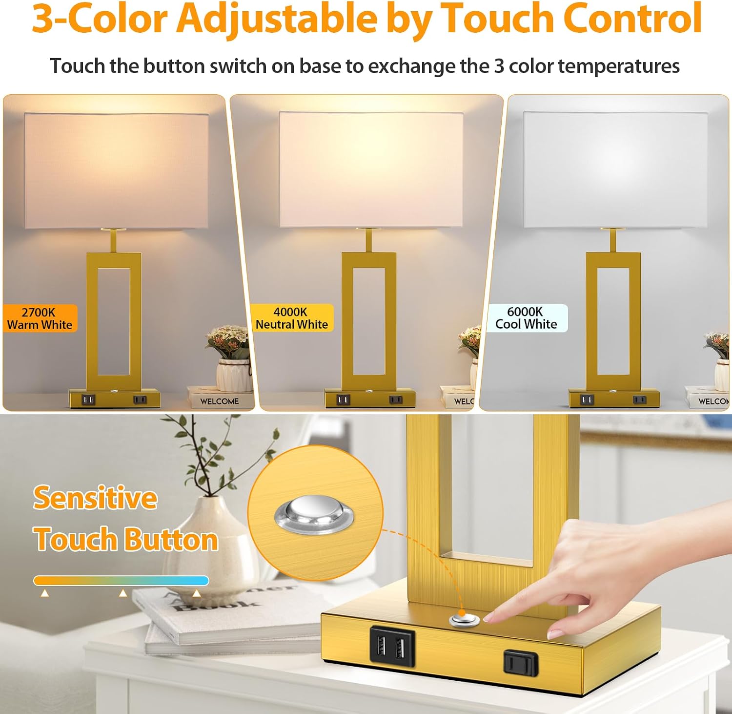 Table Lamps for Bedrooms Set of 2, 27.2’’ Super Tall Modern Gold Lamps for Living Room Nightstand End Tables, Button Touch Control…