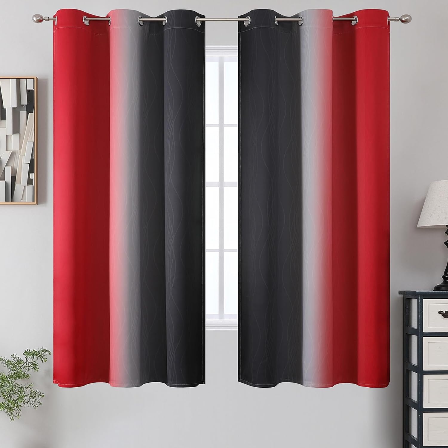 Estelartextiler Estelar Textiler Ombre Red and Black Curtains 63 Inch Length 2 Panels, 100% Blackout Curtains for Living Room, Grommet Ther…