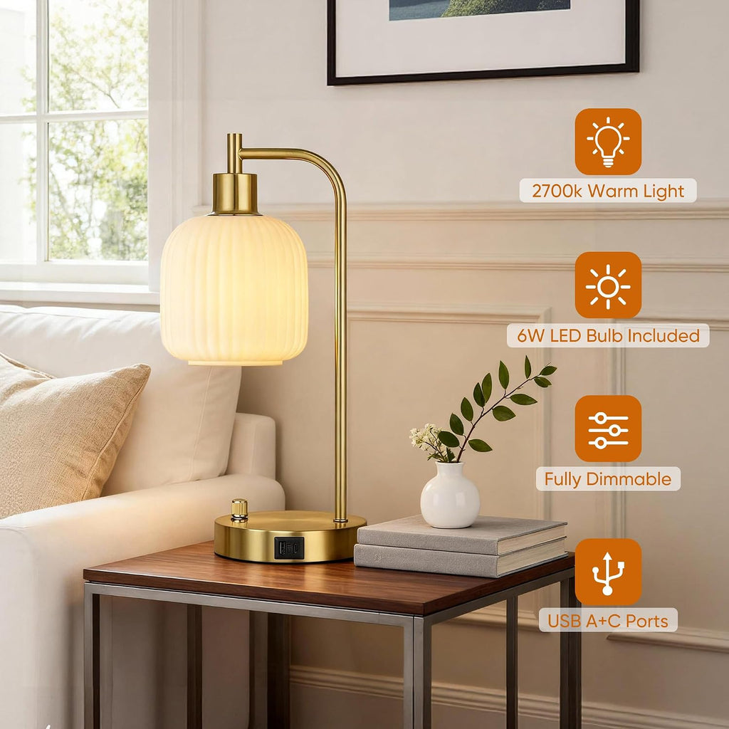 QiMH Industrial Table Lamp for Bedroom Set of 2, Cream Glass Beside Lamp with USB A&C Ports, Stepless Dimmable Gold Lamps, Nightstand…