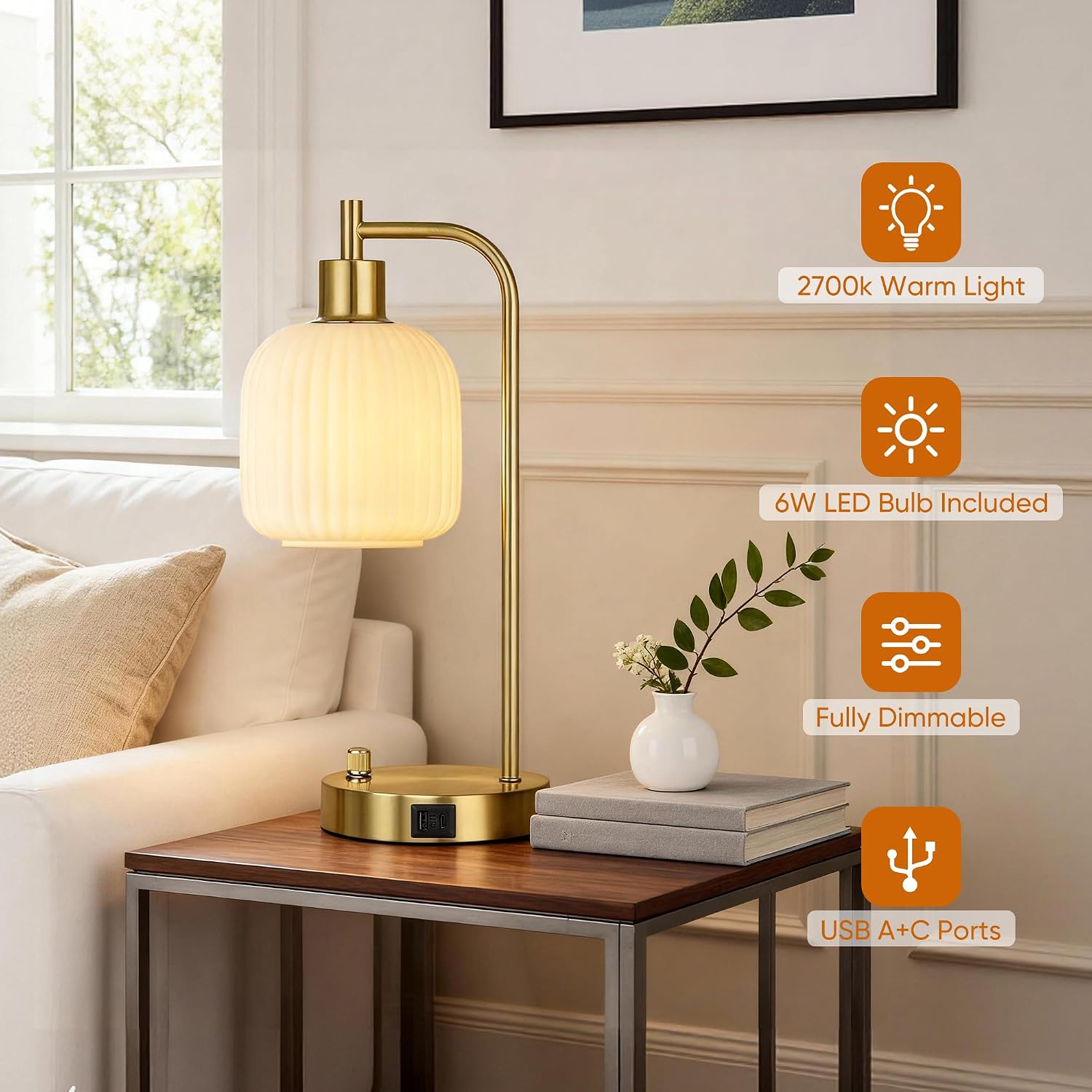 QiMH Industrial Table Lamp for Bedroom Set of 2, Cream Glass Beside Lamp with USB A&C Ports, Stepless Dimmable Gold Lamps, Nightstand…