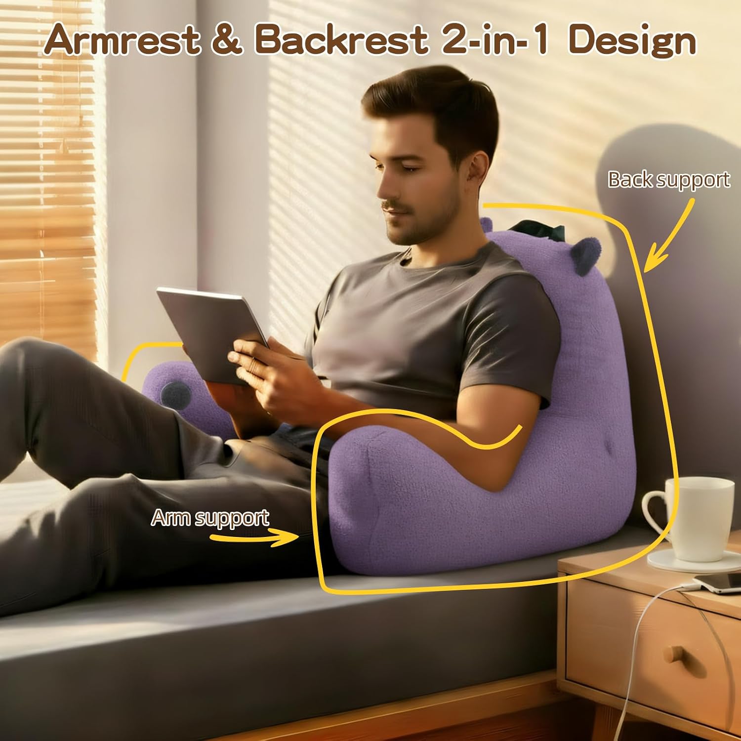 Ajicong Reading Pillow for Sitting in Bed Couch Teens/Adult, Back Rest Pillow for Sitting Up in Bed with Shredded Memory Foam, Includes Arm…
