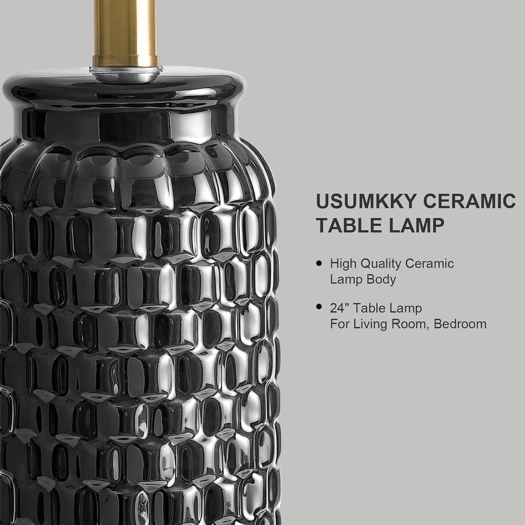 USumkky 24" Modern Ceramic Black Bedside Lamp Set of 2 Table Lamp for Bedroom Decor Farmhouse Table Lamp for Living Room Office Dorm