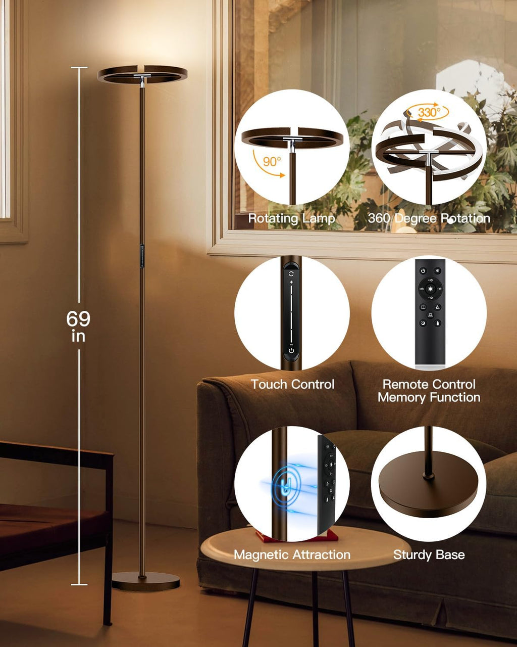 SIBRILLE Brown Floor Lamp, Modern Stepless Dimmable Standing Lamp with Remote Control, 22W 3000-6000K LED Rotatable Floor Light Uplighter…