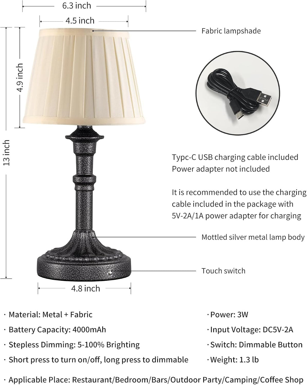 KDG Cordless Portables Table Lamp Set of 2, LED Fabric Shade Small Desk Lamps, 4000mAh Battery Powered Lighting, 2700K Stepless Dimmable…