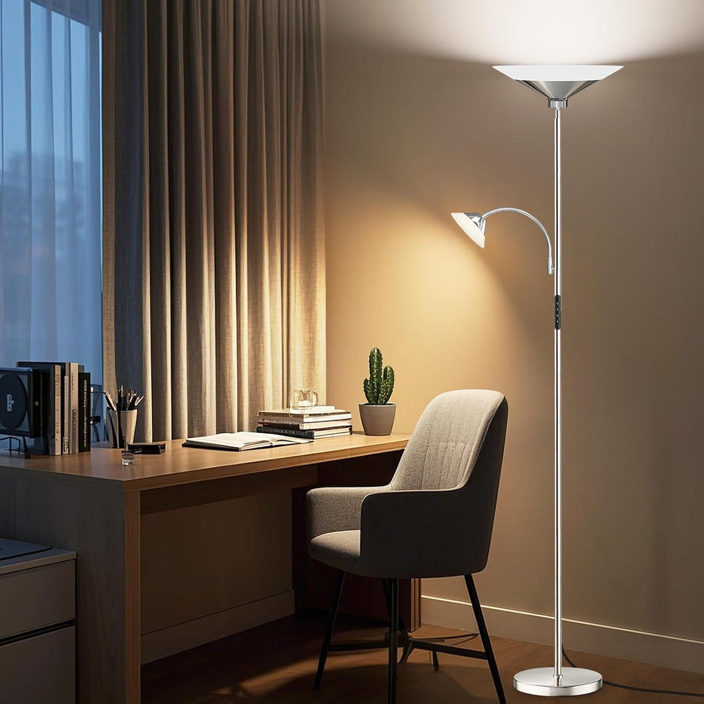 SIBRILLE Metallic Sliver Torchiere Floor Lamp, 2 Way 72'' Dimmable LED Standing lamp with Rmote, Multi Color Temps, 34W Tall Light with…