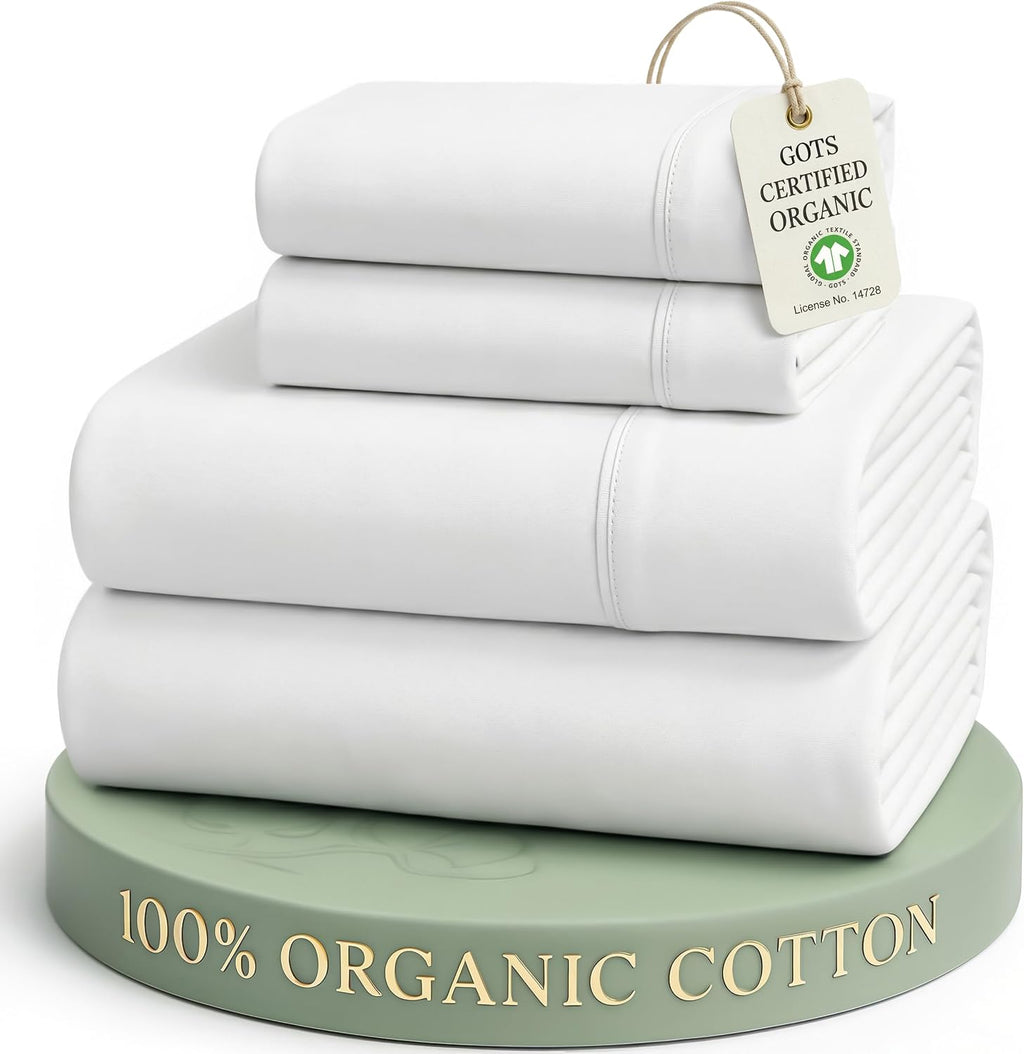 LaneLinen LANE LINEN reusable 100% Organic Cotton Queen Sheet Set, Soft & Comfy Fully Elasticized 15" Deep Pocket Bed Sheets, Low Pill…