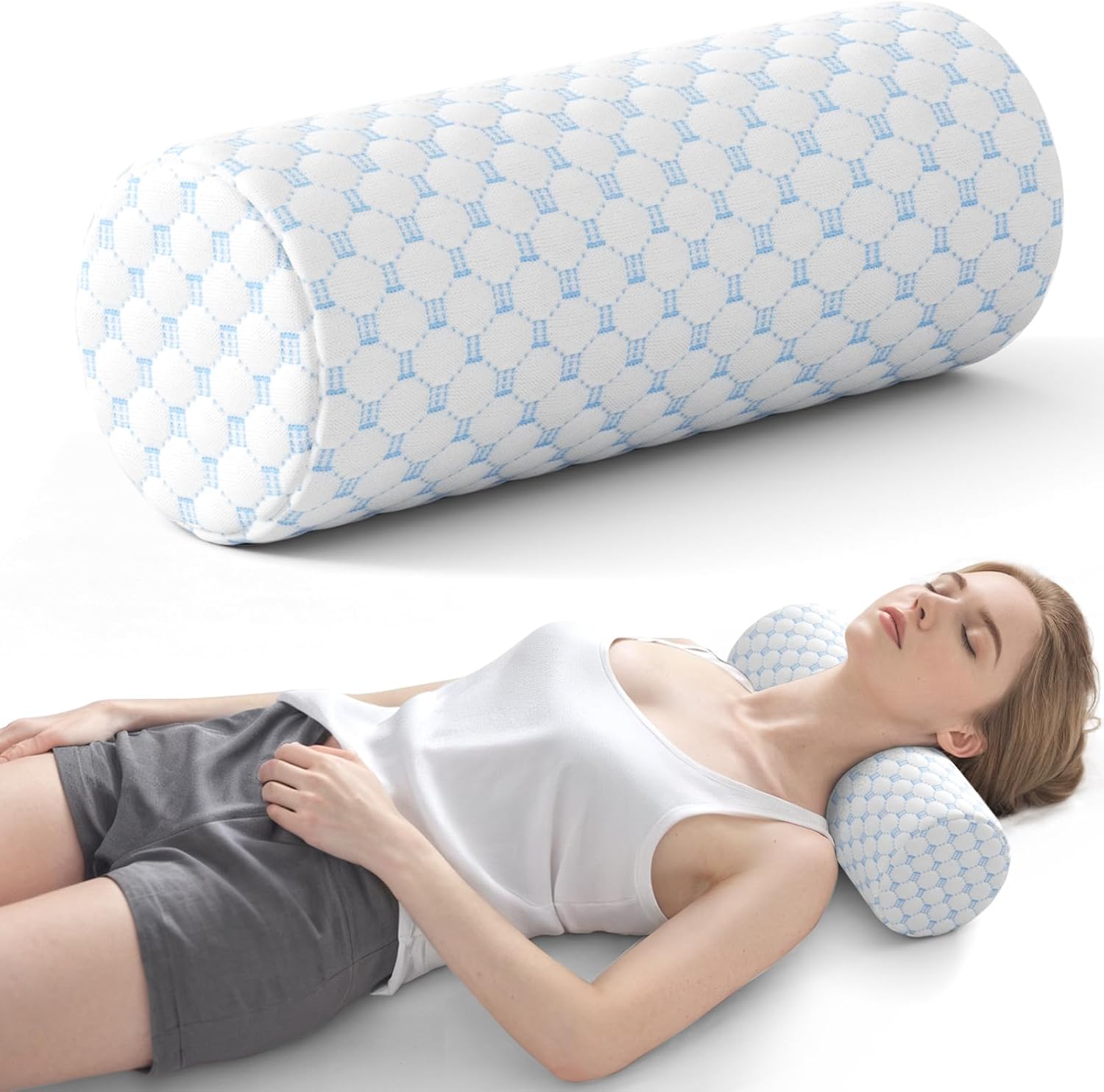 Forcanby Neck Roll Pillow for Neck - Memory Foam Neck Support Pillow for Bed | Round Neck Pillow for Sleeping, 15.7 * 6 * 6 inch (Cool-Blue…