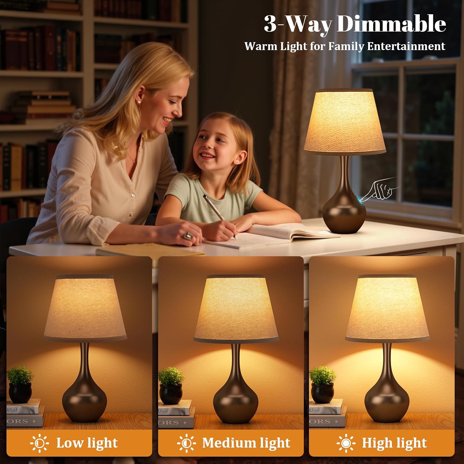 Seealle Touch Table Lamp for Bedroom, 3-Way Dimmable Small Bedside Lamps for Night Stands with Wires, Brown Desk Lamp for Kids Room…