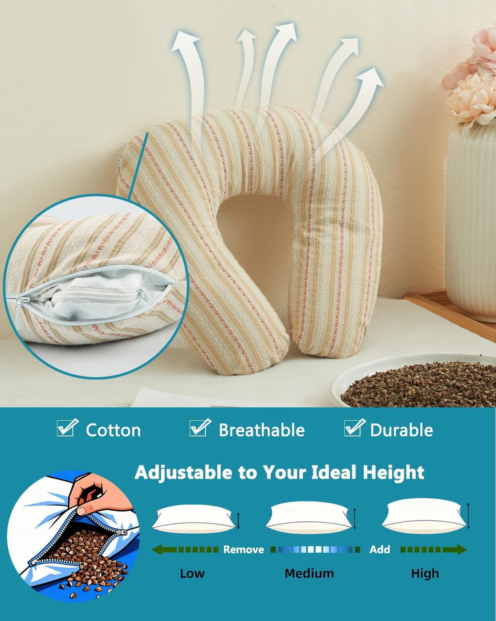 Edomi Buckwheat U Shaped Neck Pillow - 12''x12'' Adjustable Cervical Support Pillow with Breathable Buckwheat Hulls, Removable Cotton Cover…