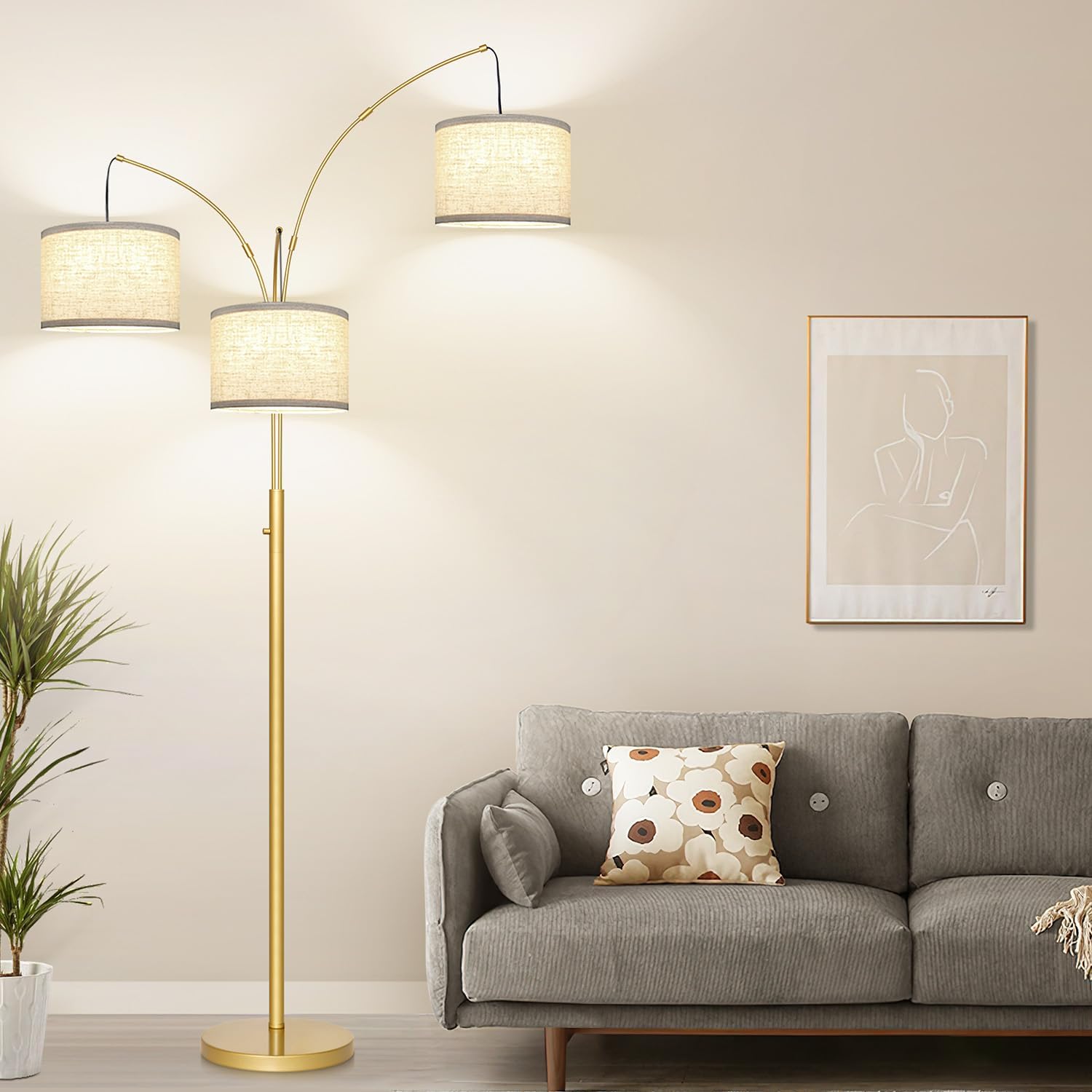 Dimmable Gold Floor Lamp, 3 Lights Arc Floor Lamps for Living Room, Modern Tall Standing Tree Lamp with White Shade & Heavy Base, Large…