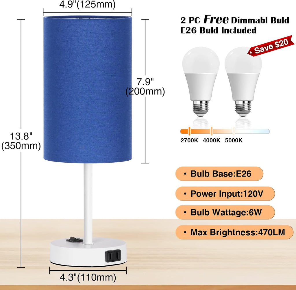 ZJOJO Table Lamp for Bedroom Set of 2, Bedside Small Lamps with 3 Way Dimmable Rocker Switch and AC Outlet, Nightstand Desk Lamp with…
