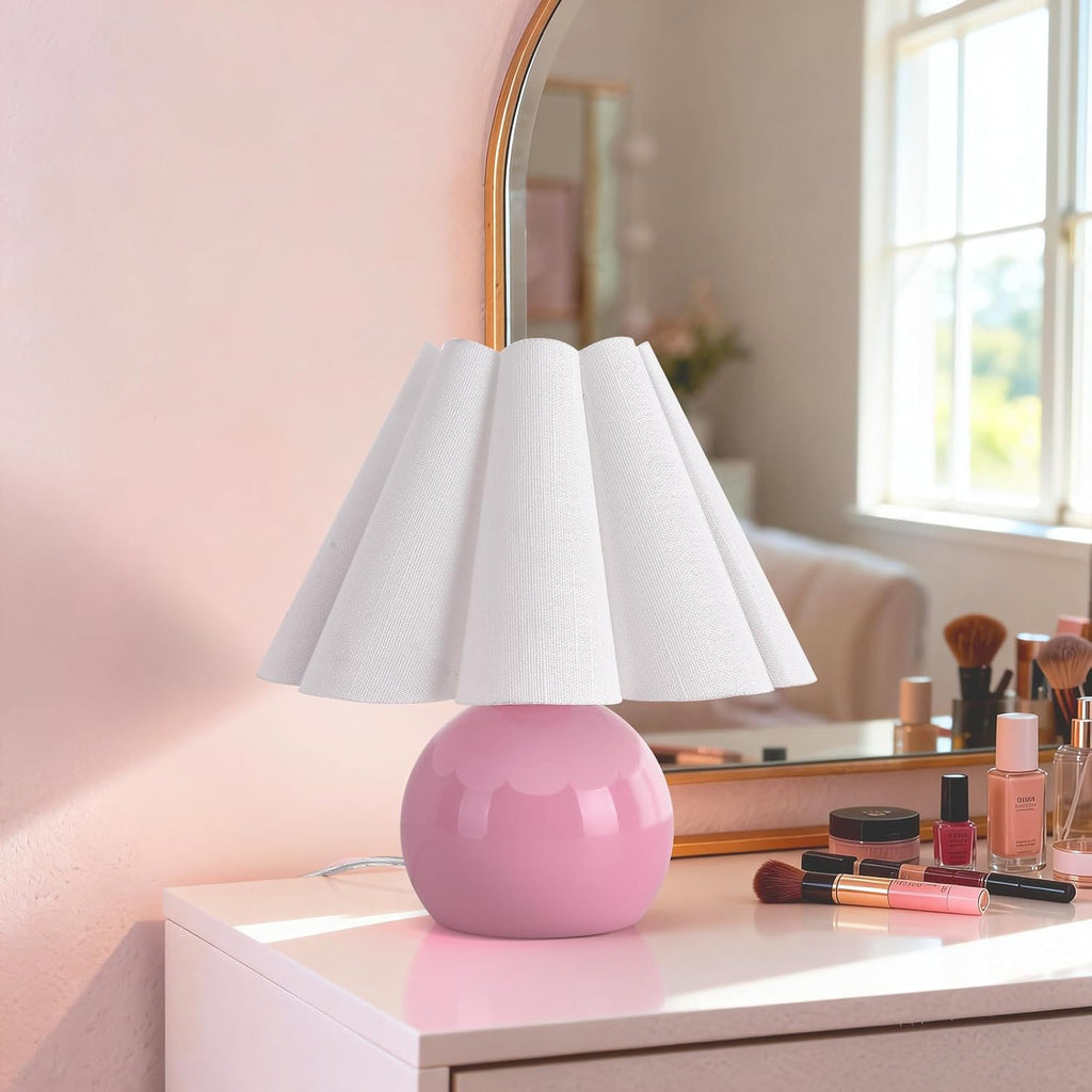 Pink Small Bedside Mini Table Lamp for Bedroom, Cute Bedroom Lamps for Nightstand, Cute Mini Table Lamps for Small Spaces with Scalloped…