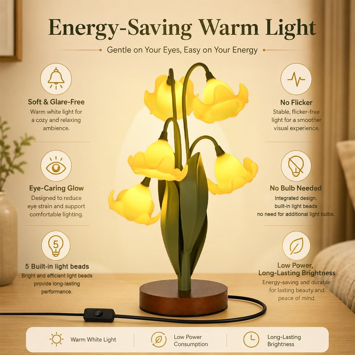 Flower Table Lamp for Bedroom, Cute Reading Light with 5 Yellow Magnolia Flower of The Valley, Desk Lamp Bedside Lamps for Nightstands…