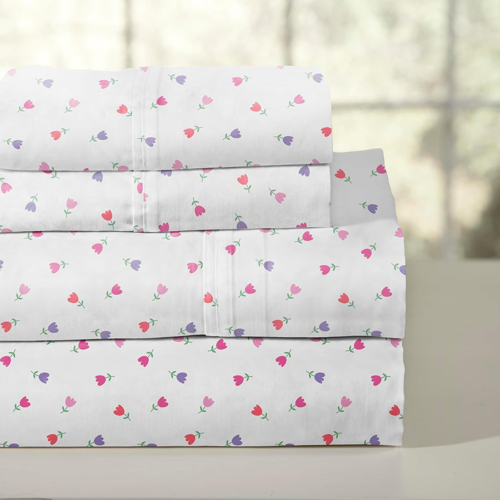 Pointehaven Petite Floral Printed Cotton Percale 4 pc Sheet Set, Queen