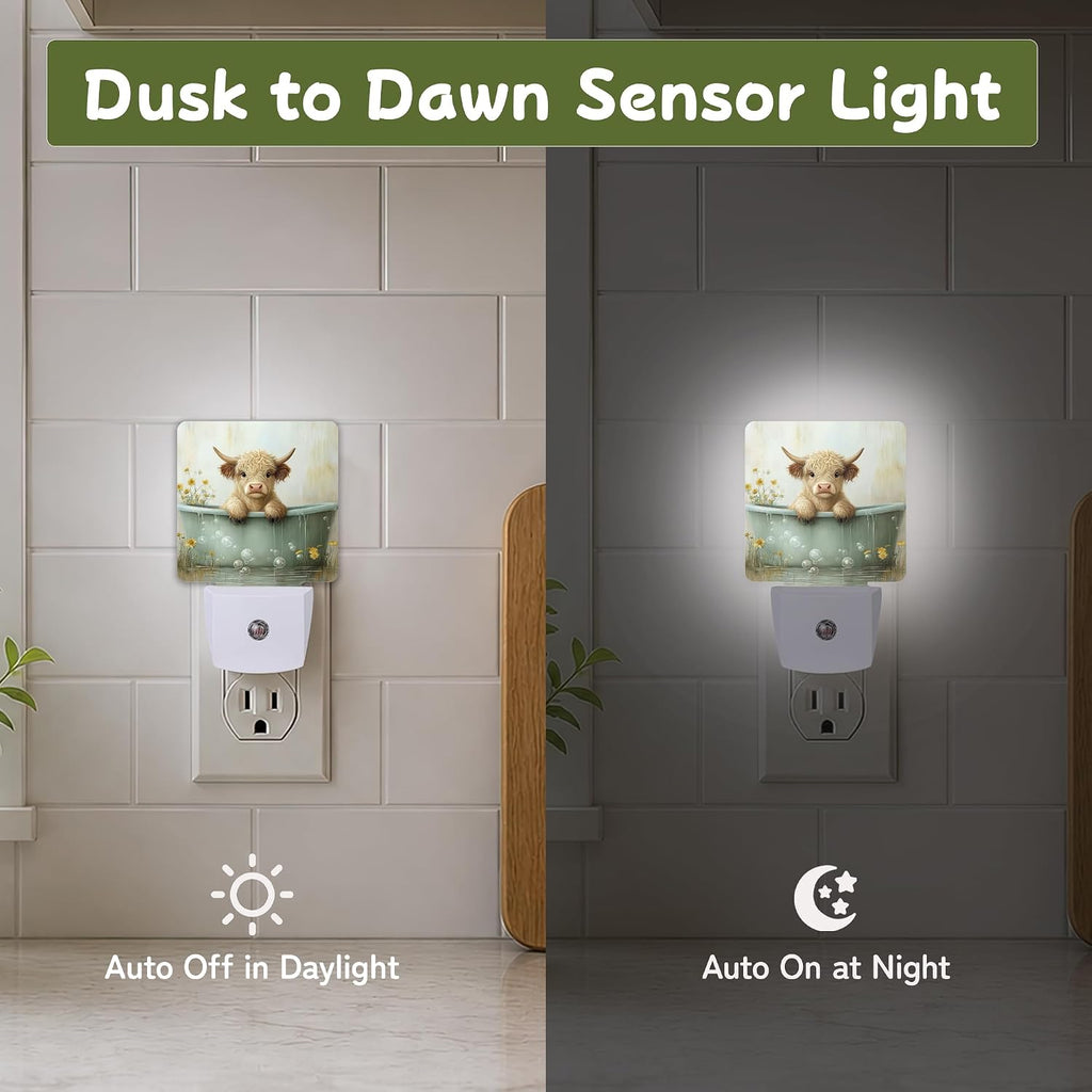 Highland Cow Bathtub Night Lights Plug into Wall, Night Light with Dusk to Dawn Sensor for Bedroom Bathroom Kitchen Hallway Stairs…