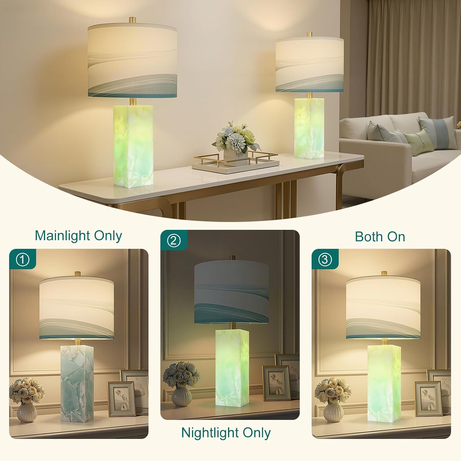 Scenekoy 23" Alabaster Table Lamp Set of 2 with Night Light for Bedroom Living Room, Rotary Switch, Blue Table Lamp with Linen Shade…