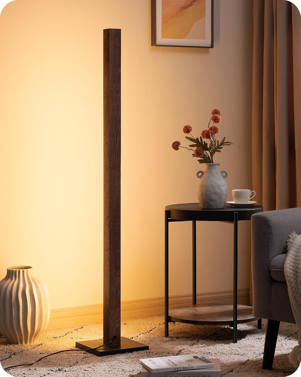 Edishine Wood LED Corner Floor Lamp, Modern Dimmable Light with Remote, Minimalist Standing Floor Lamps for Living Room, Bedroom, Office, 7…