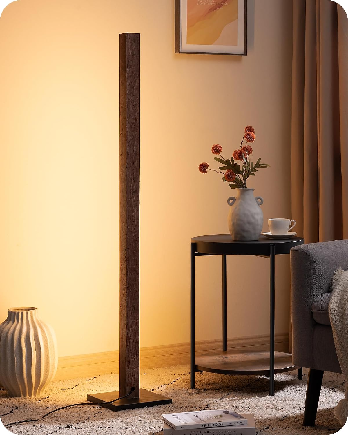 Edishine Wooden LED Corner Floor Lamp, Modern Standing Light with Remote, Minimalist Dimmable Floor Lamps for Living Room, Bedroom, Office,…