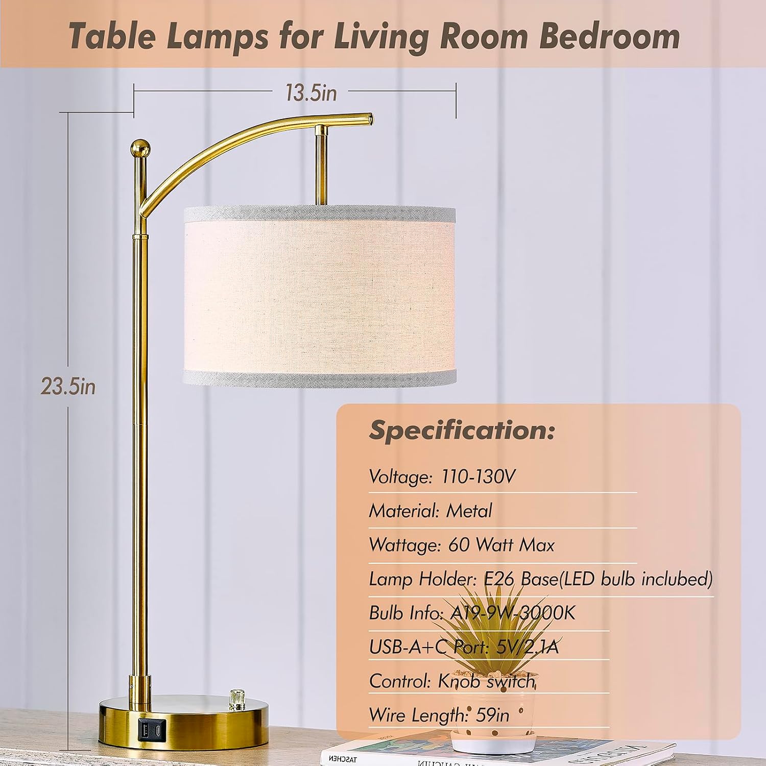 Table Lamp for Living Room Bedroom, 23.5" Table Lamps Set of 2 with USB C+A Ports, Bedside Lamps for Nightstand with Linen Lamp Shades, 2…