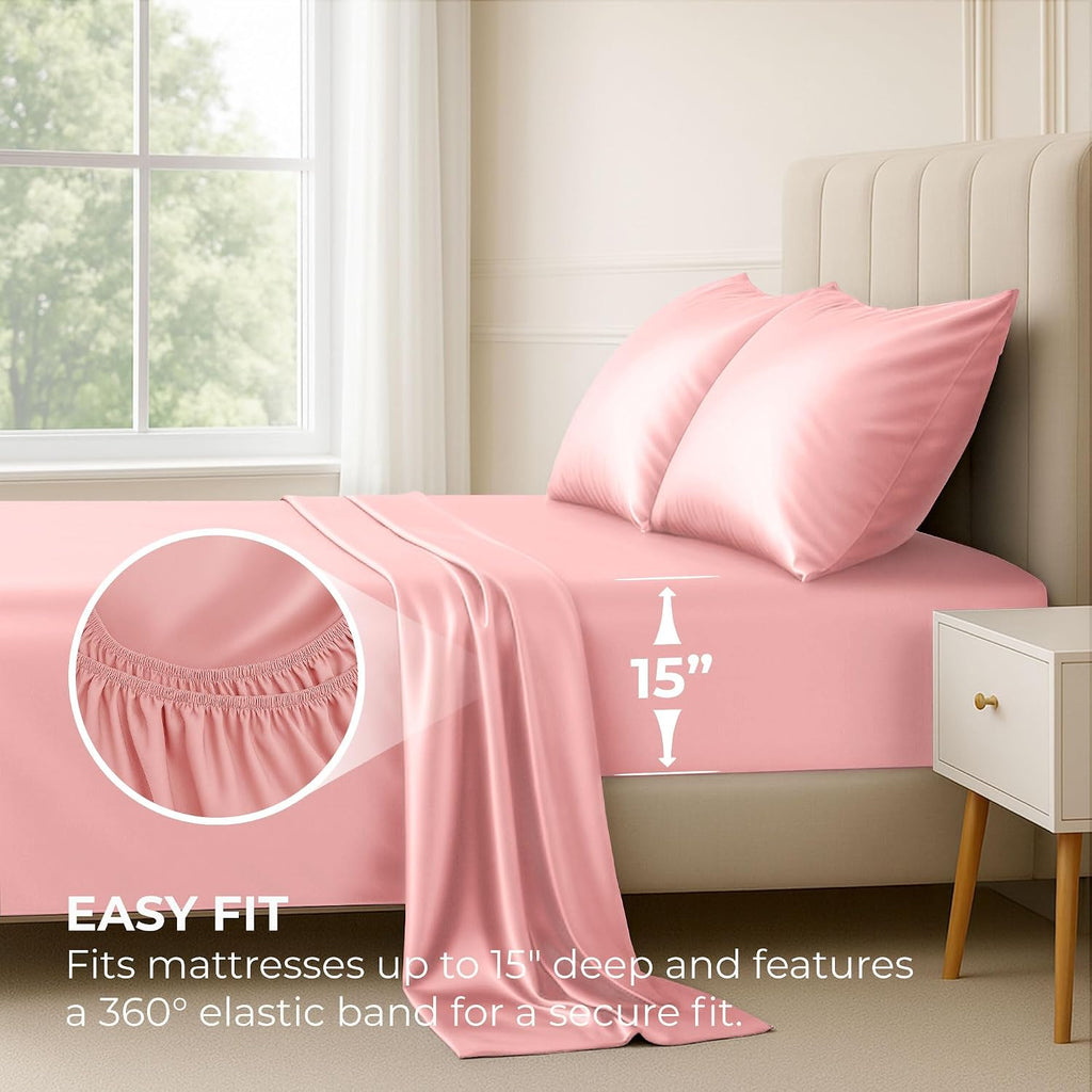 PureBedding Satin Sheets King [4-Piece, Pink] Hotel Luxury Silky Bed Sheets - Extra Soft 1800 Microfiber Sheet Set, Wrinkle, Fade, Stain Re…