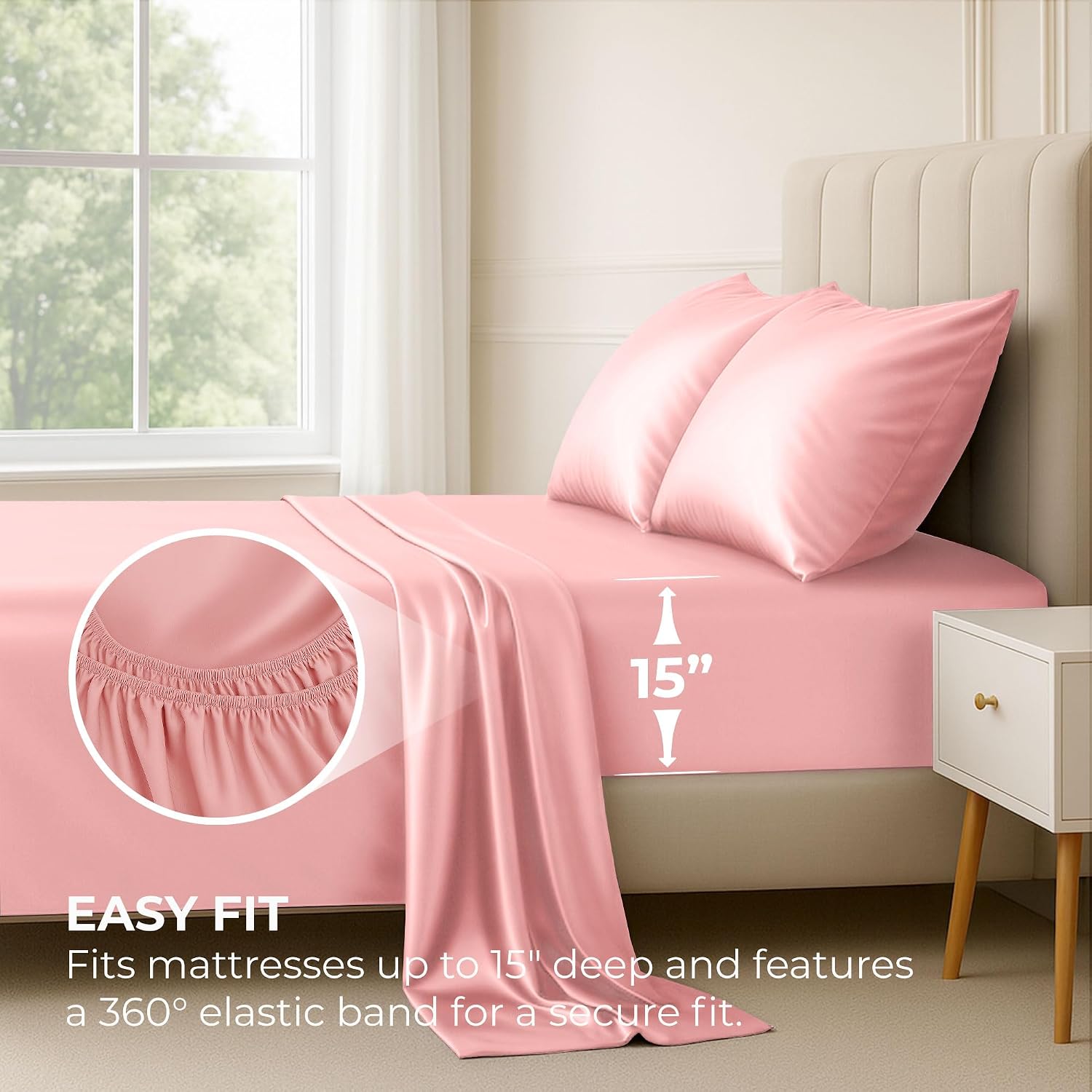PureBedding Satin Sheets King [4-Piece, Pink] Hotel Luxury Silky Bed Sheets - Extra Soft 1800 Microfiber Sheet Set, Wrinkle, Fade, Stain Re…
