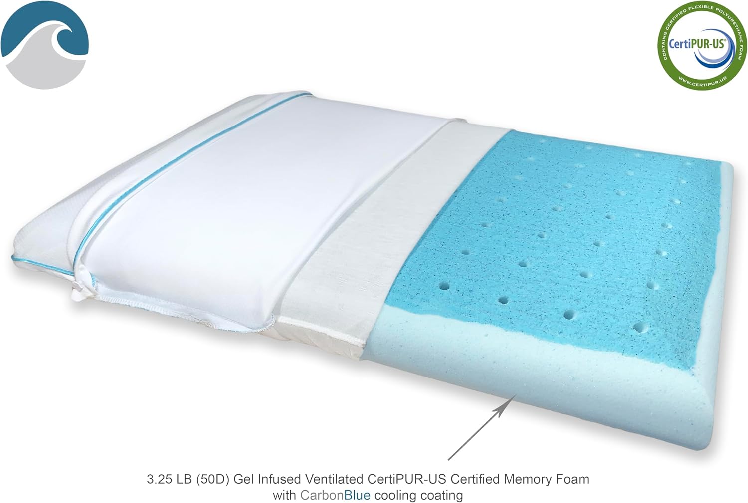 BluewaveBedding Bluewave Bedding Super Max Cool CarbonBlue Gel Memory Foam Pillow for Stomach and Back Sleepers - Thin, Flat Design wi…
