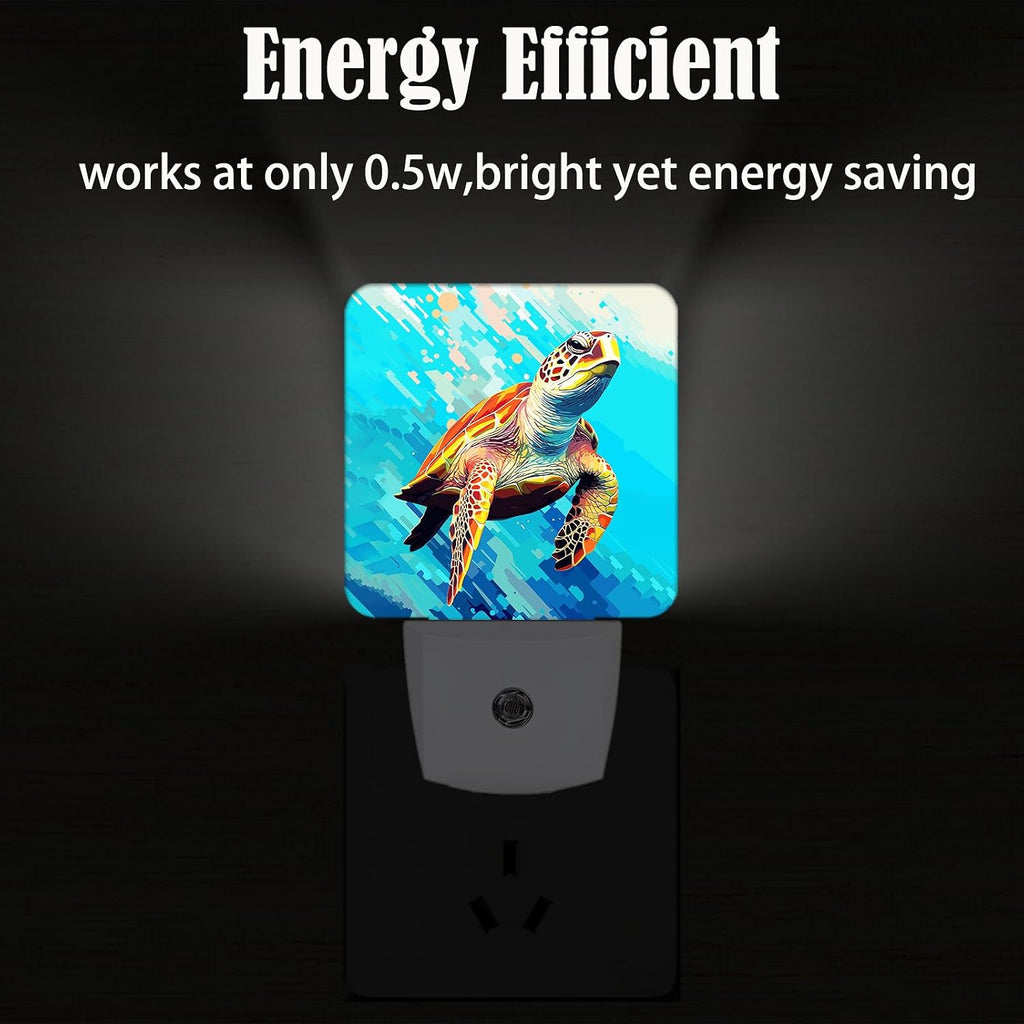 Watercolor Wild Turtle Night Light, Plug Into Wall for Boys Girls Bedroom Decorative Square Night Light Lamp 0.5w Sleep Friendly