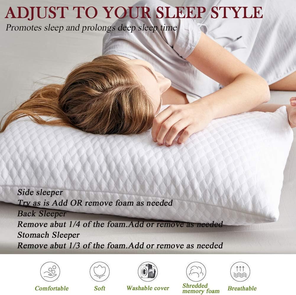 NTCOCO Shredded Memory Foam Bed Pillows for Sleeping Standard Size Set of 2, with Washable Removable Hypoallergenic Sleep Pillow for Back…