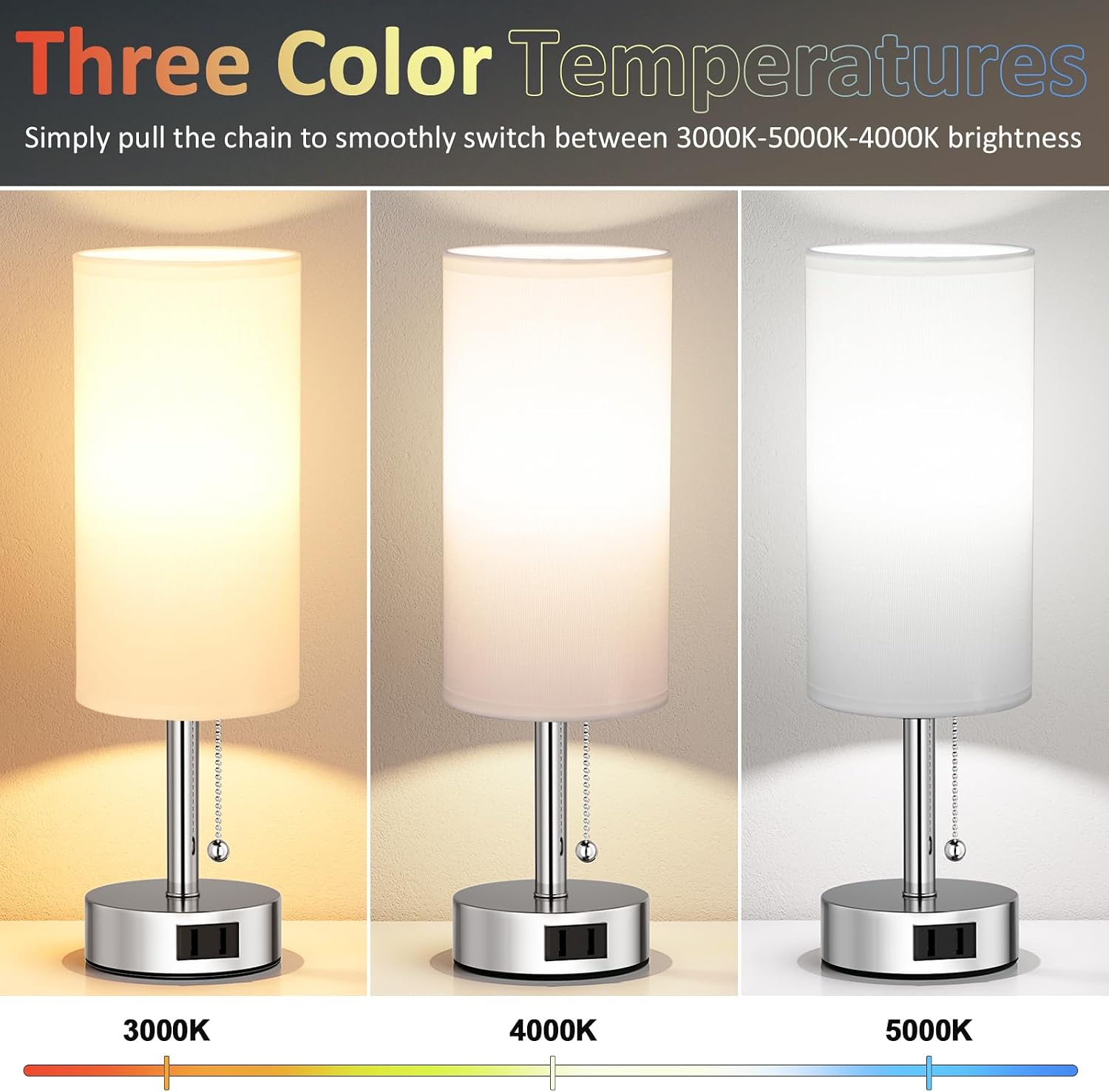 Fenmzee White Silver Bedside Table Lamps Set of 2-3 Color Temperatures Pull Chain Lamp with AC Outlet Charging Port, Two Round Night…