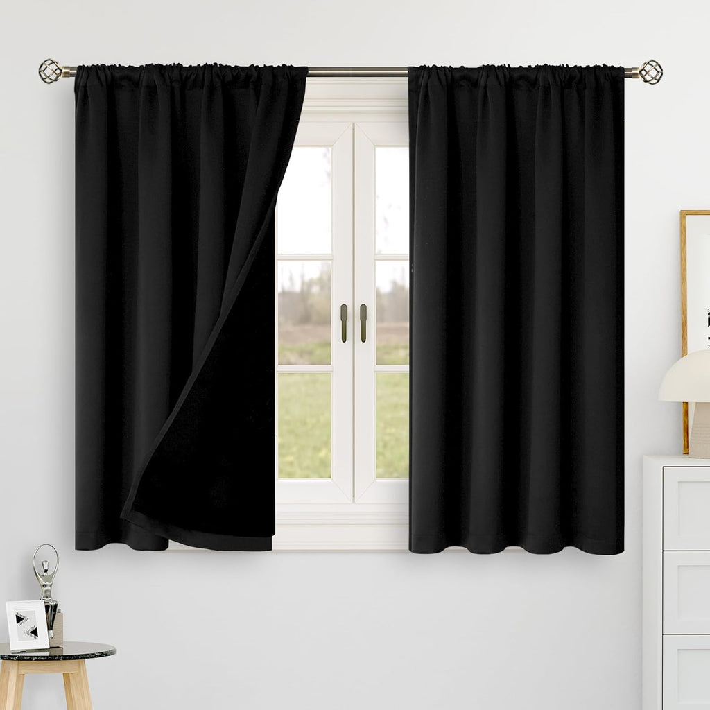 BGment Halloween Black 100% Blackout 48 Inch Curtains for Small Window, Rod Pocket and Back Tab Double Layer Black Out Thermal Insulated…