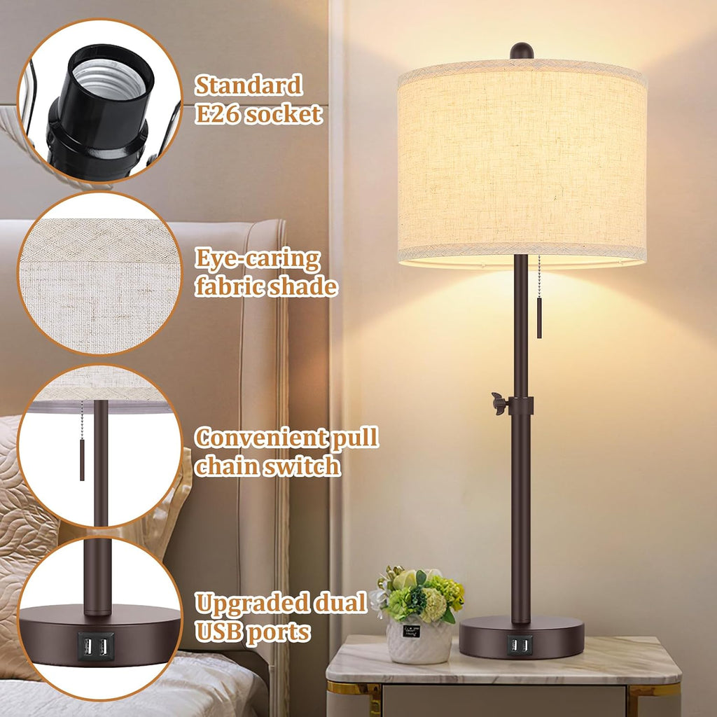 Modern Brown Table Lamps Set of 2, 23’’-30’’ Adjustable Bedroom Lamps with 2 USB Ports, Living Room Lamp Set with Cream Linen Shade…