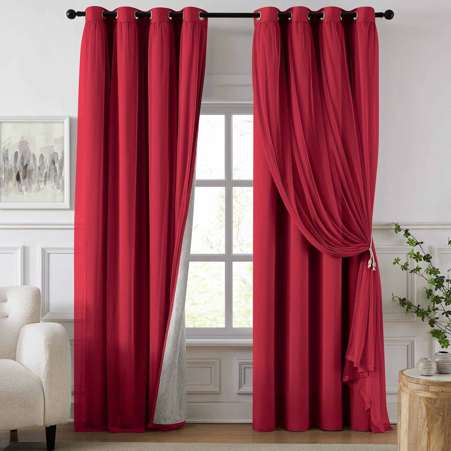 Swandream Blackout Curtains for Bedroom, Double Layer Red Curtains, Black Out Curtain 90 inch Long with Sheer Overlay for Living Room, Room…
