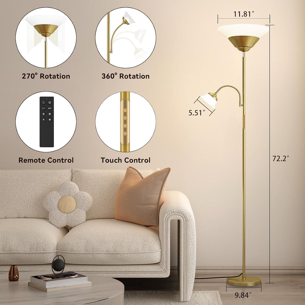 Sibrille 2-in-1 Torchiere Floor Lamp, 34W Super Bright LED Standing Lamp with Remote & Touch Control, 72" Dimmable Adjustable Corner Readin…