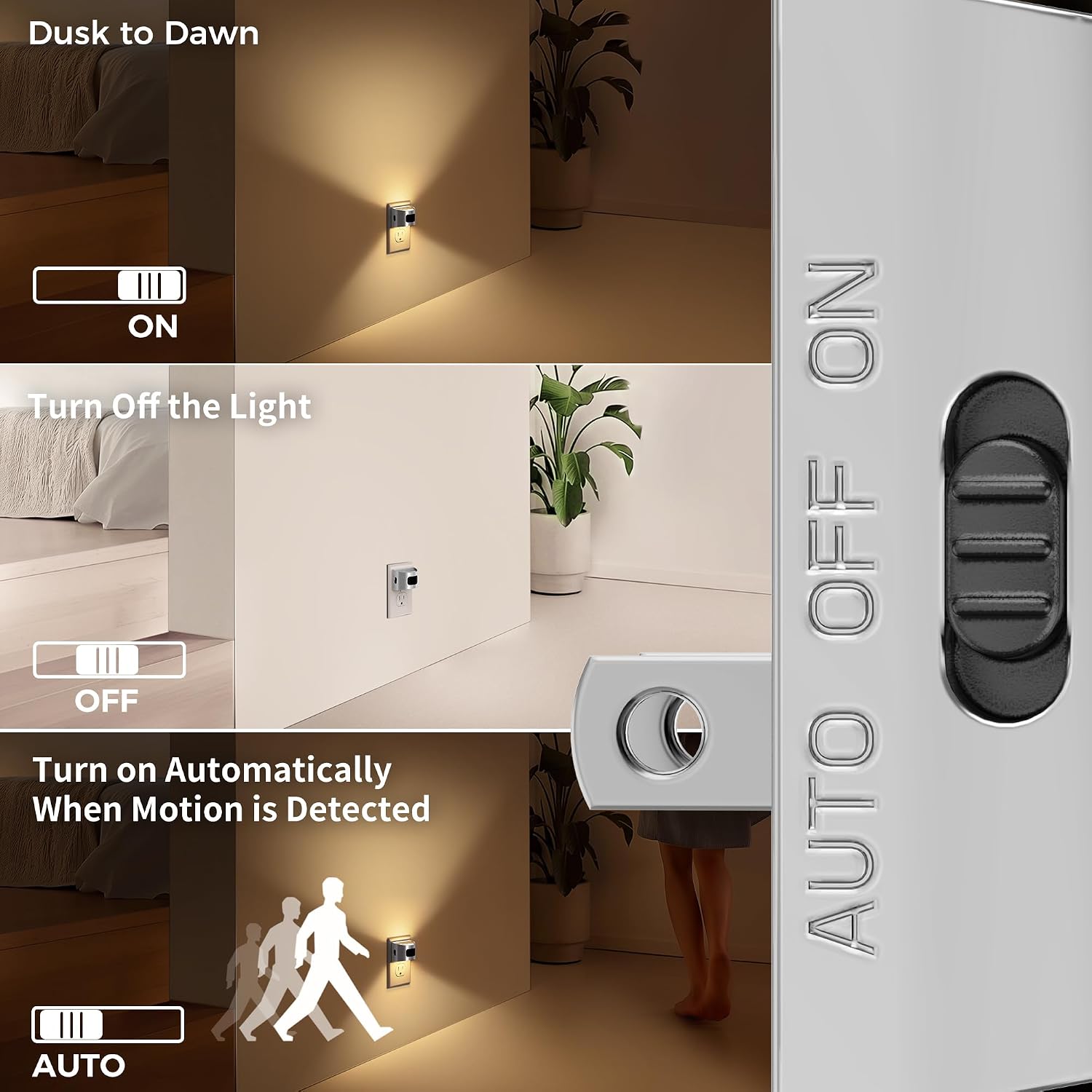DORESshop LED Night Light[2 Pack], Silver Night Lights Plug into Wall, 3 Mode Plug in Night Light with Motion Sensor, Dusk to Dawn…