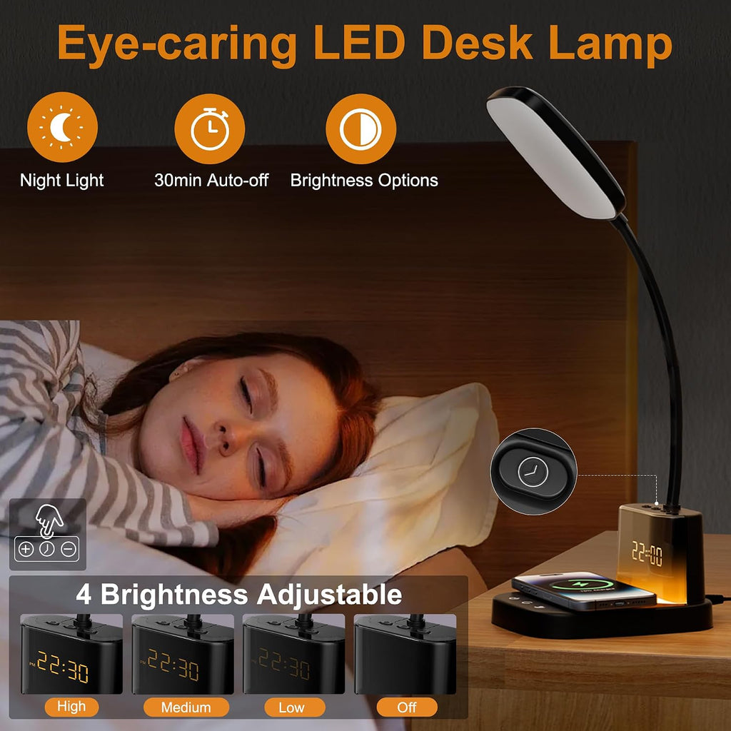 Desk Lamp, Bedside Table Lamps with Wireless Charger and Clock, 30Mins Auto-Off Night Light Lamp, 3 Color Modes Dimmable Touch 800LM CRI…