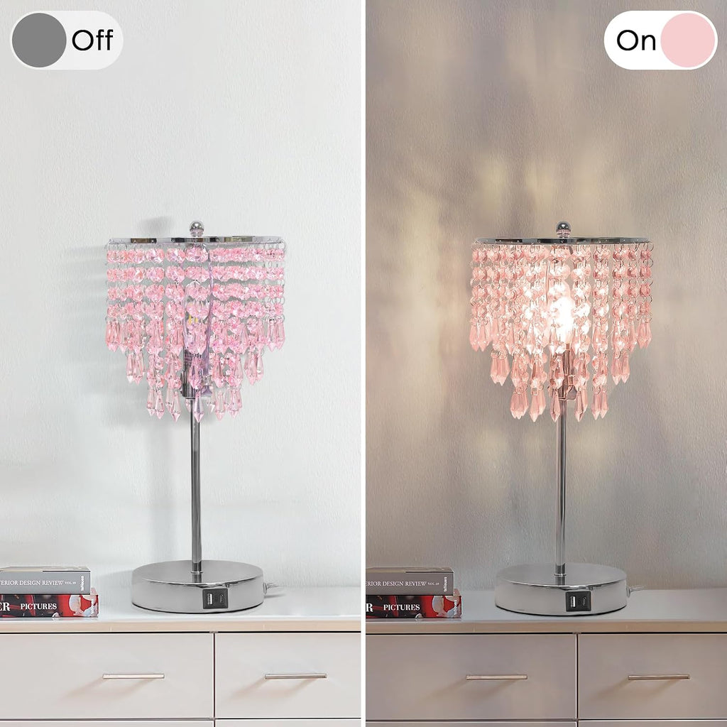 Crystal Touch Control Table Lamp with Dual USB Charging Ports, 3 Way Dimmable Bedside Lamp with Pink Shade, Decorative Nightstand Lamp…