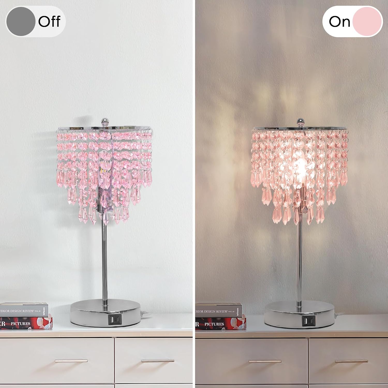 Crystal Touch Control Table Lamp with Dual USB Charging Ports, 3 Way Dimmable Bedside Lamp with Pink Shade, Decorative Nightstand Lamp…