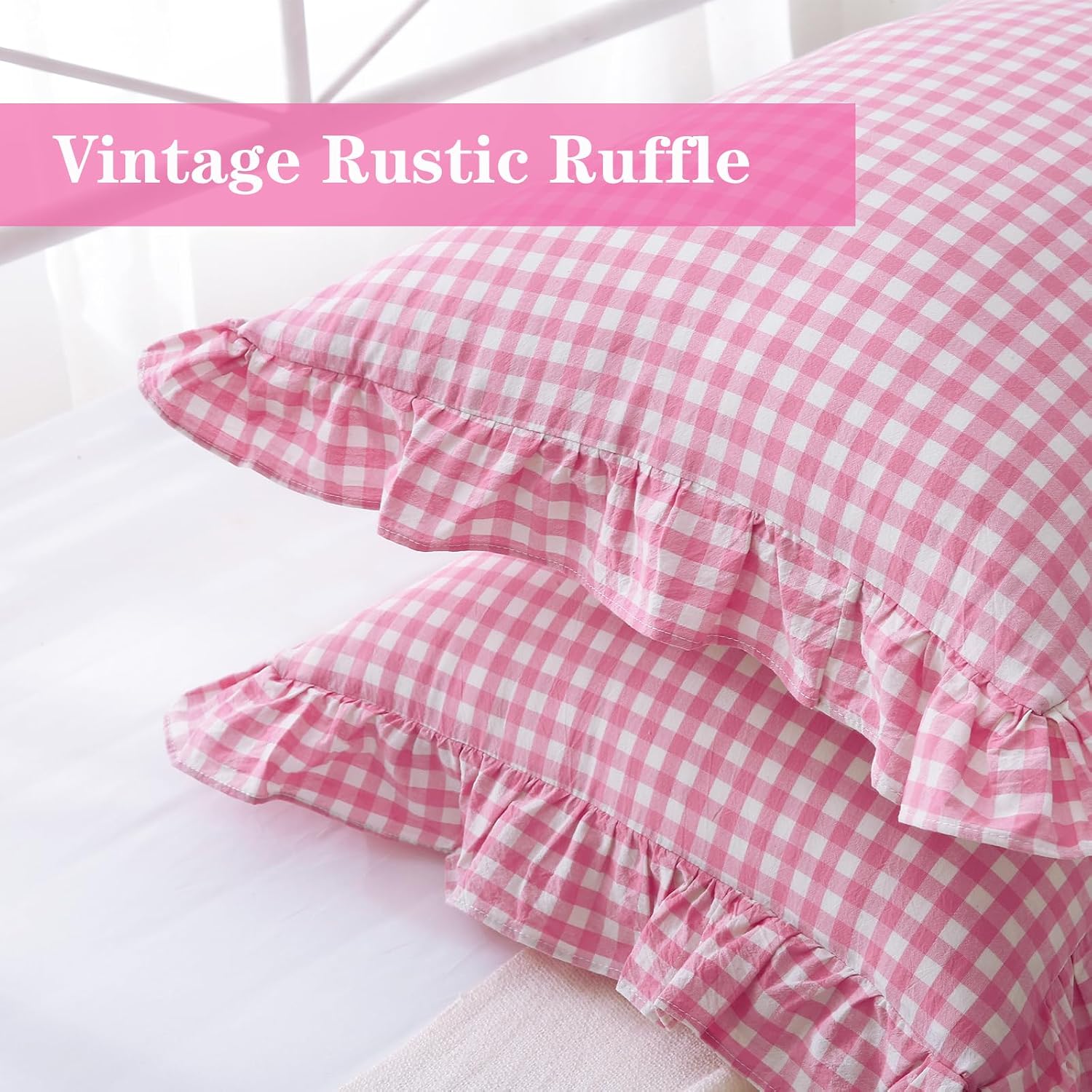 2 Pack Pink White Plaid Ruffle Gingham Standard Pillow Covers, 100% Washed Cotton Checkered Girly Bed Pillow Shams - 20"x26"
