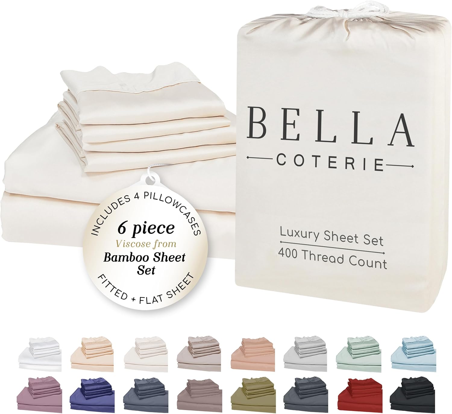 Bella Coterie 6 Piece Luxury Bamboo Viscose Queen Size Sheet Set | 100% Organically Grown | Cooling for Hot Sleepers | 18" Deep Pocket |…