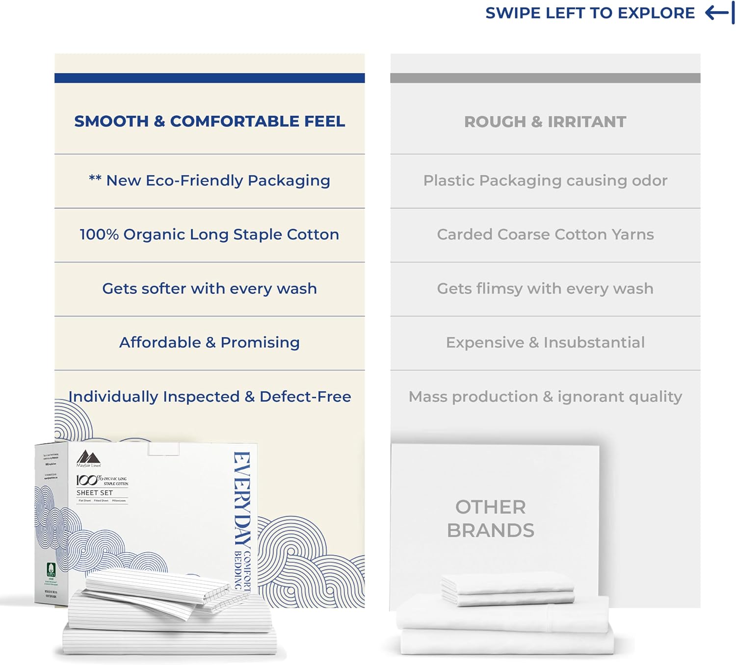 Mayfair Linen 100% Organic Cotton Printed Sheets Twin XL Size - Percale Weave Cotton Twin XL Size Sheet Set (4 PC, Light Grey Pinstripe)…
