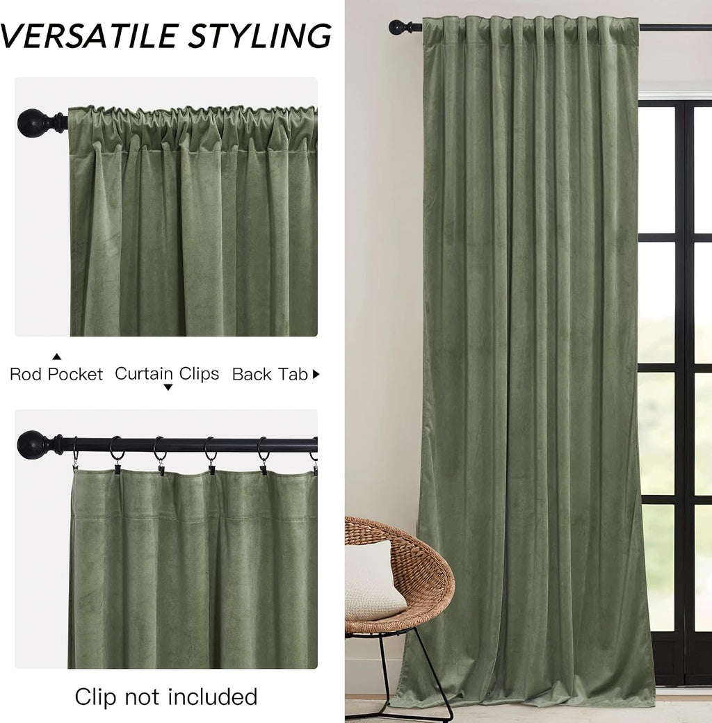Rybhome RYB HOME Sage Green Velvet Curtains 84 inches, Room Darkening Super Soft Velvet Drapes with Pleat Tape for Living Room, Thermal Ins…