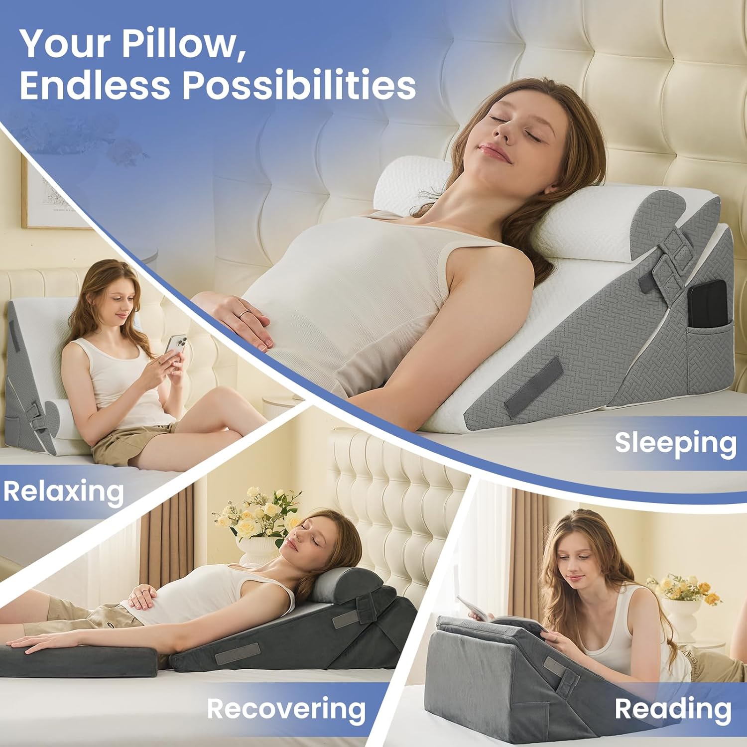 Sasttie Wedge Pillow Set for After Surgery, 3PCS Adjustable Bed Wedge Pillow Headboard with Memory Foam Neck Cushion – for Acid Reflux, Sle…