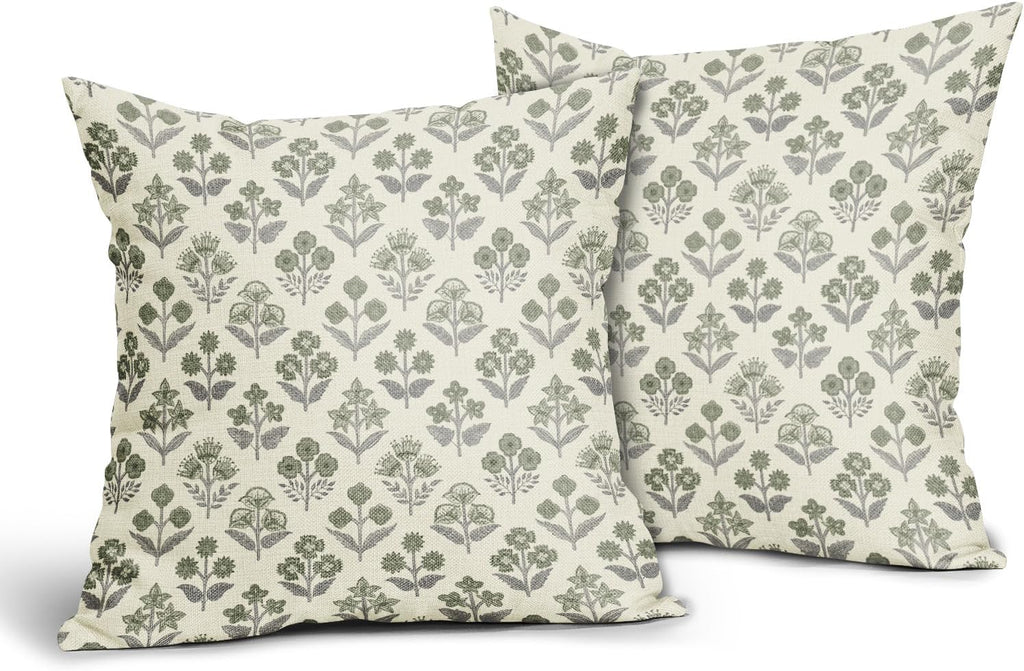 Green Grey Gray Floral Block Print Pillow Covers 20x20 Inch Set of 2, Vintage Flower Pattern Decorative Throw Pillowcases Outdoor…