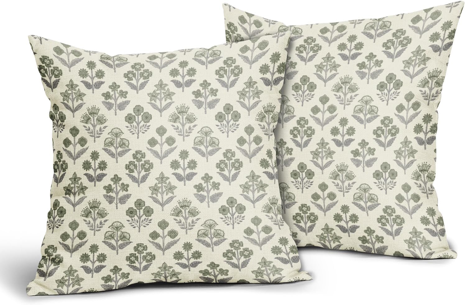 Green Grey Gray Floral Block Print Pillow Covers 20x20 Inch Set of 2, Vintage Flower Pattern Decorative Throw Pillowcases Outdoor…