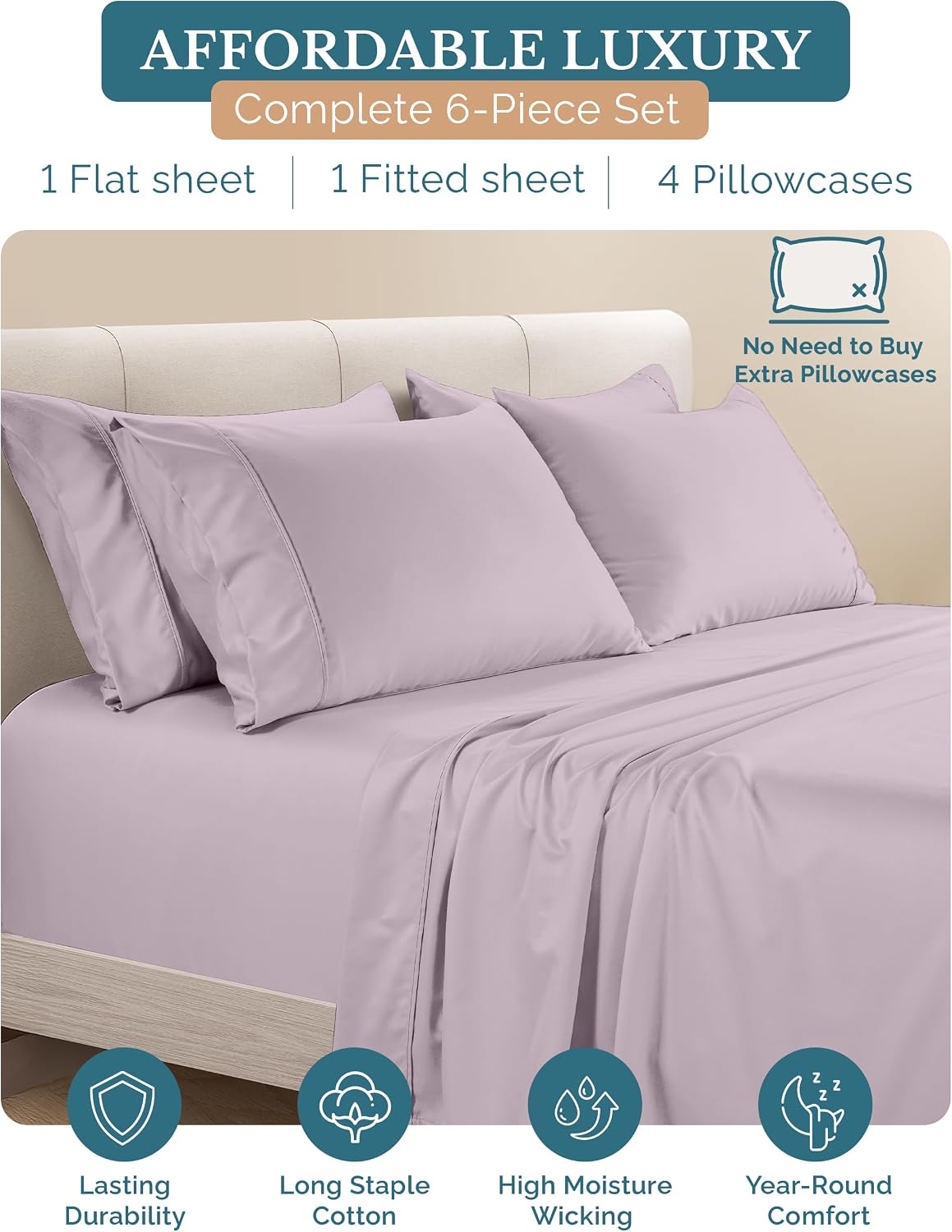 Casa Platino Queen Bed Sheets, 6 Piece 100% Cotton Set, 500 Thread Count Sateen Sheets for Queen Size Bed, Silky Smooth and Breathable…