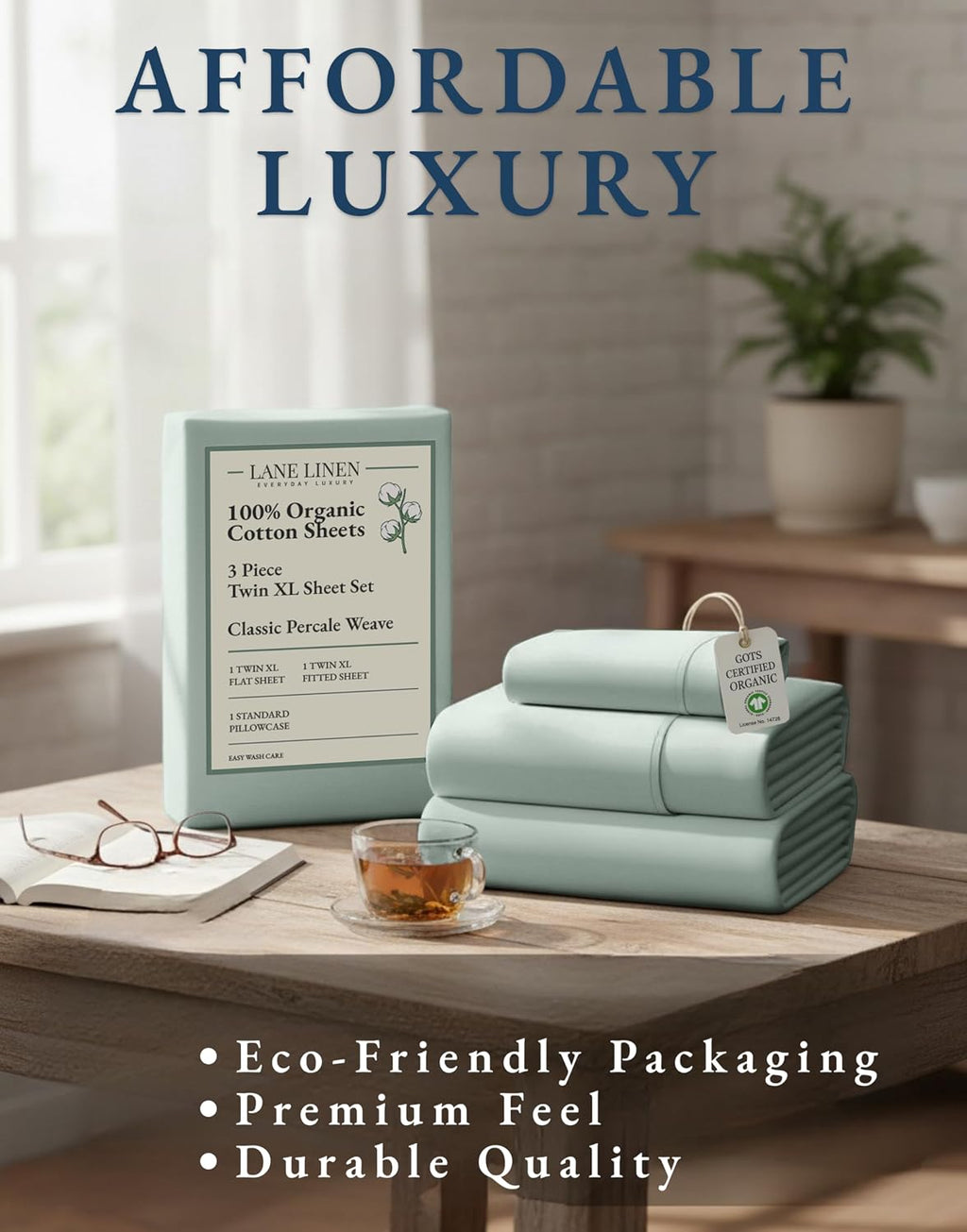 LaneLinen LANE LINEN 100% Organic Cotton Extra Long Twin Sheet & Pillowcase Sets, 15" Deep Pocket Fully Elasticized, Naturally Temperature…