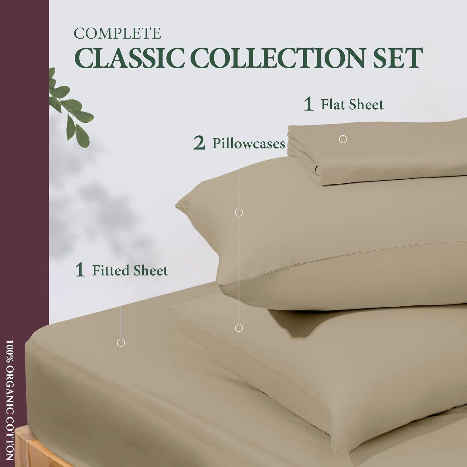 AshtonSheets 100% Organic Cotton Sheets Queen Size - Organic Cotton Queen Size Percale Weave Sheet Set (4 PC, Taupe), Soft, Cooling, Crisp…